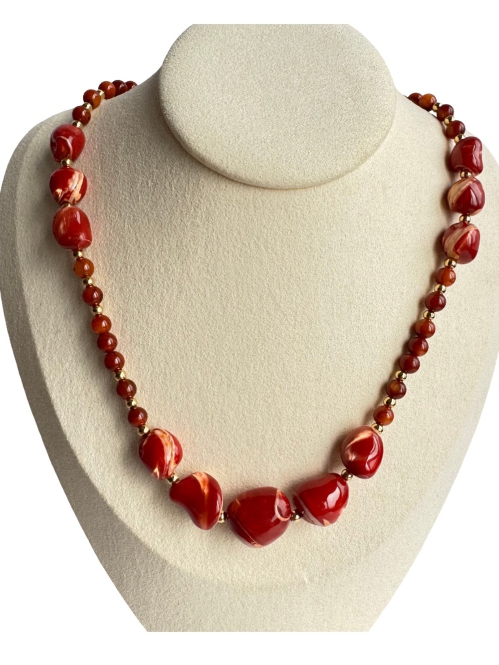 Vintage Graduated Bead Necklace Red Swirl Tumbled Gold Tone Spacer Statement 16"